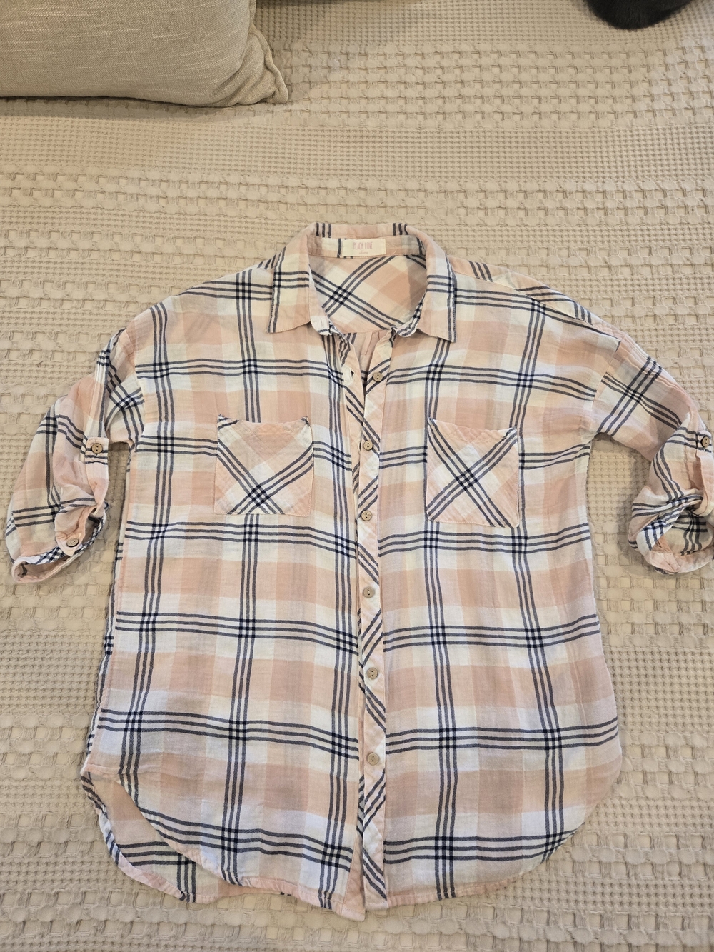 Peach Love California Peach and Navy Plaid Top
